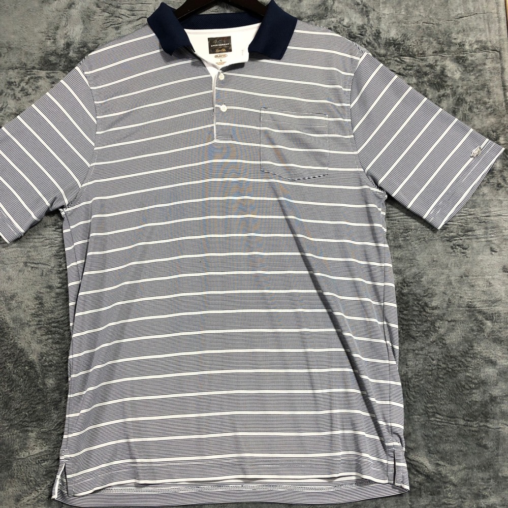 Greg Norman Polo‎ Shirt Mens Large Blue White Striped Play Dry Tasso Elba